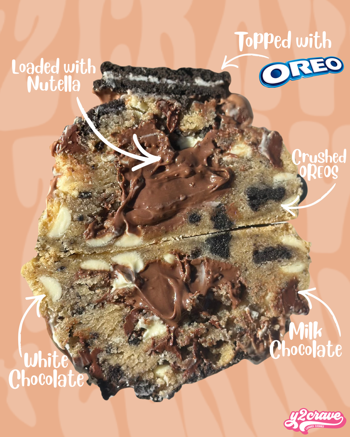 Y2CRAVE MILKSHAKE MAYHEM stuffed cookie showing Oreo pieces, Nutella filling, and melted chocolate centre