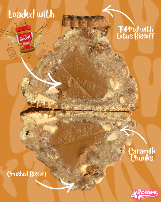 Y2CRAVE HOLLABACK GIRL stuffed cookie showing gooey Biscoff spread, crunchy Biscoff pieces, and Caramilk chunks