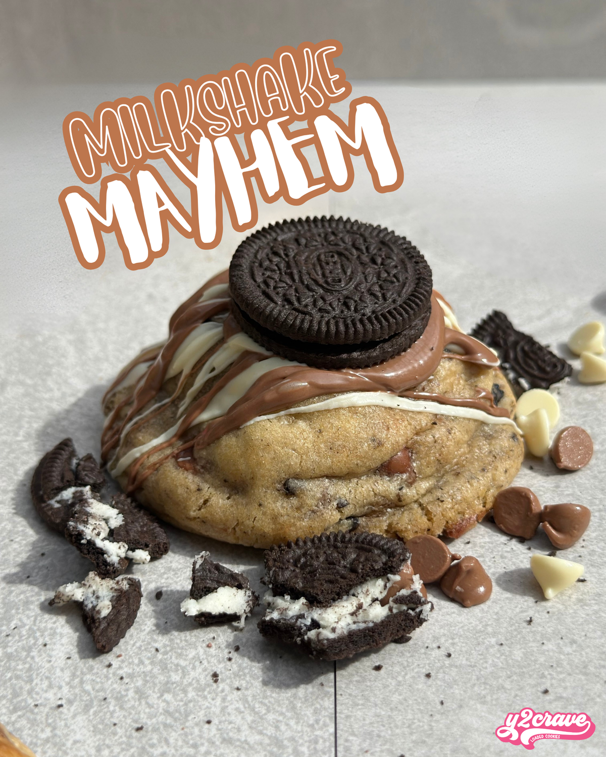 150g thick cookies and creme cookie by Y2CRAVE Perth, gooey centre packed with Oreo pieces, white and milk chocolate in soft vanilla dough, indulgent dessert cookie ideal for cookie boxes and gifts, available Australia wide