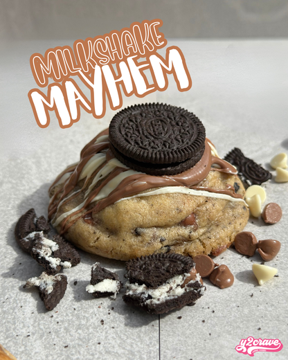150g thick cookies and creme cookie by Y2CRAVE Perth, gooey centre packed with Oreo pieces, white and milk chocolate in soft vanilla dough, indulgent dessert cookie ideal for cookie boxes and gifts, available Australia wide