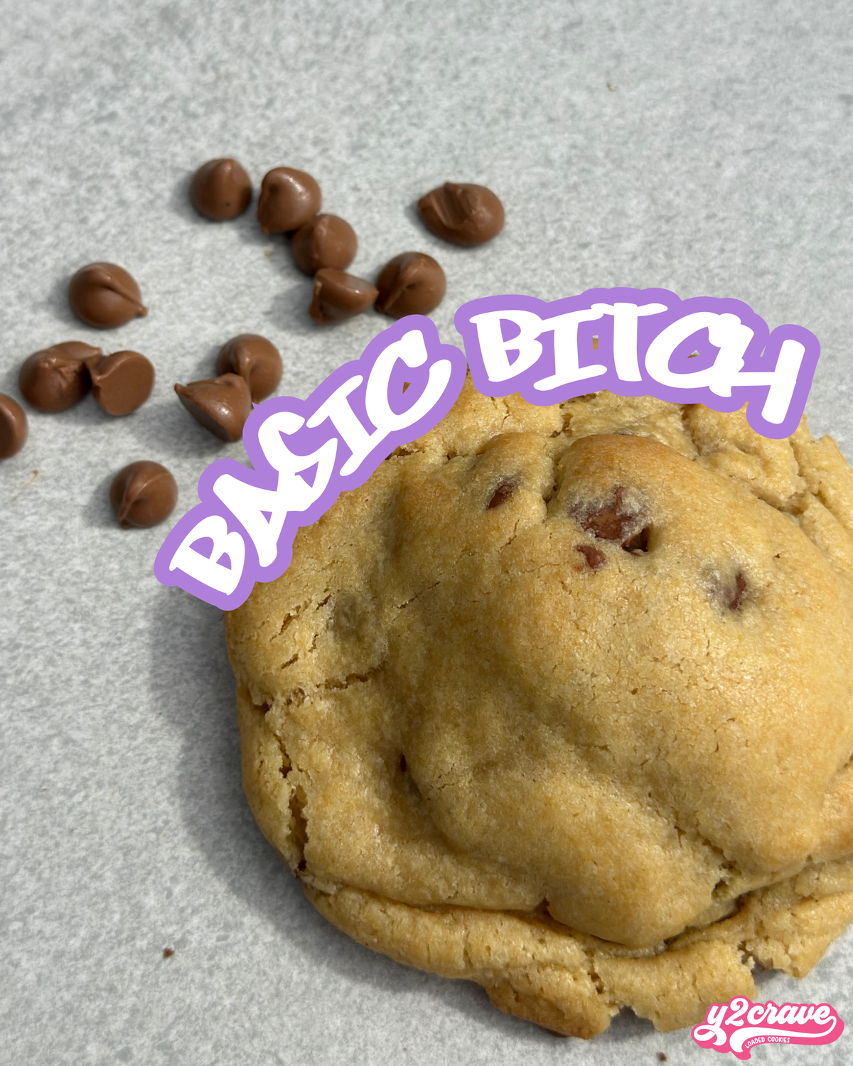 150g thick chocolate chip cookie by Y2CRAVE Perth, soft vanilla dough with melted milk chocolate chips and gooey centre, classic indulgent dessert cookie perfect for cookie boxes and gifts, ships Australia wide